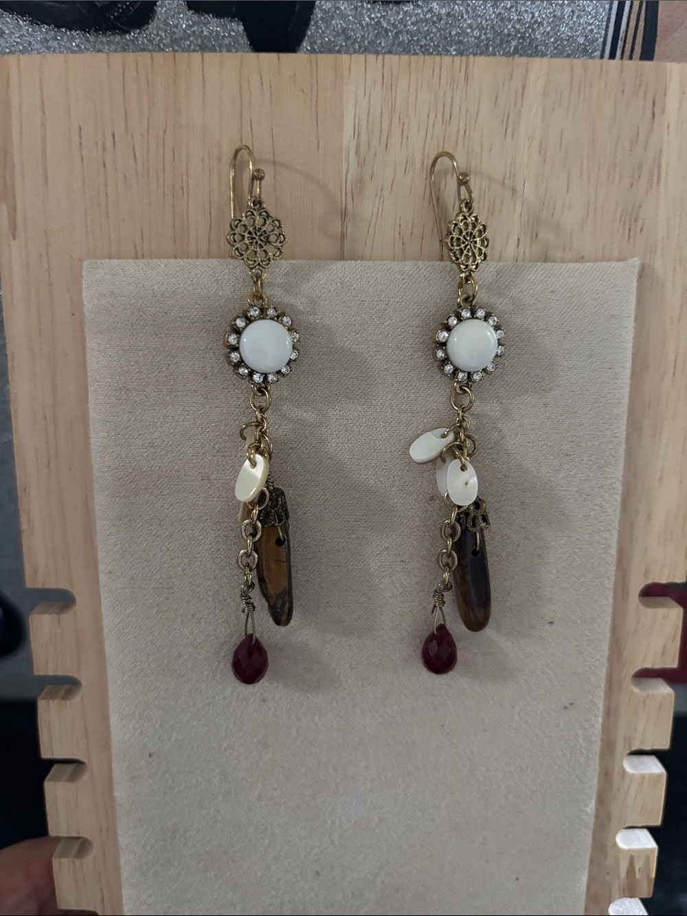Vintage Gold-Tone Earrings with White, Brown and Burgundy Accents